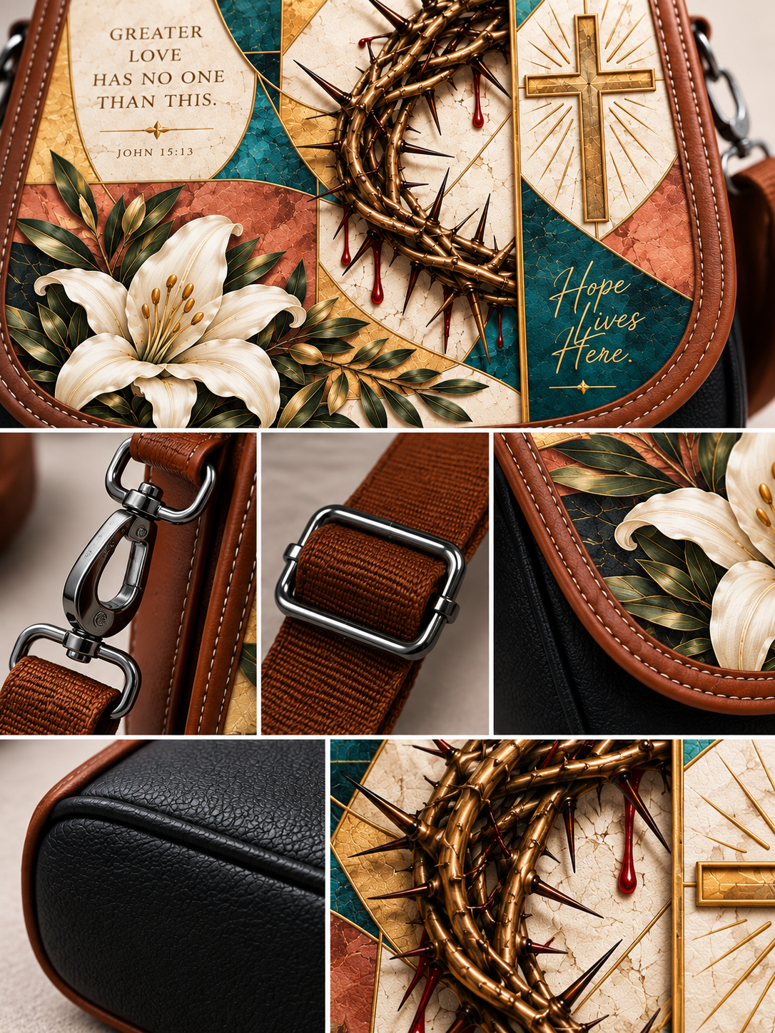A collage of close-up views showing a crossbody bag with a brown leather strap, silver hardware, and a printed front panel featuring a white lily, a crown of thorns, a wooden cross, and religious text including 'Greater Love Has No One Than This.
