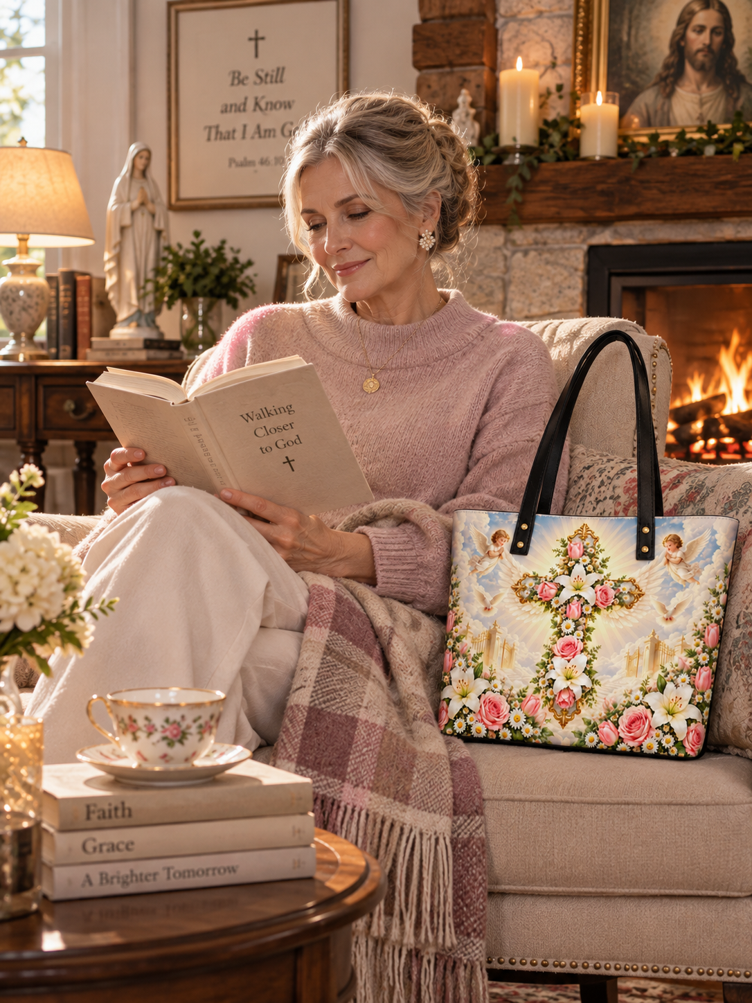 A tote bag with black shoulder straps and a detailed religious print featuring a golden cross adorned with lilies and pink roses, surrounded by white doves, clouds, and small white daisies, on a plain white background.
