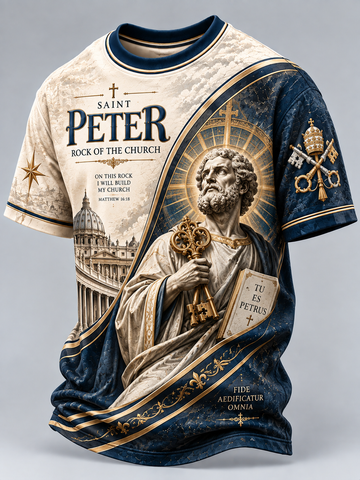 A short-sleeve crewneck t-shirt featuring a highly detailed, full-front graphic print of Saint Peter. The design has a split background of cream and dark navy blue, with gold accents, depicting Saint Peter holding keys and a book, with the text 'SAINT PETER ROCK OF THE CHURCH' and 'TU ES PETRUS'.