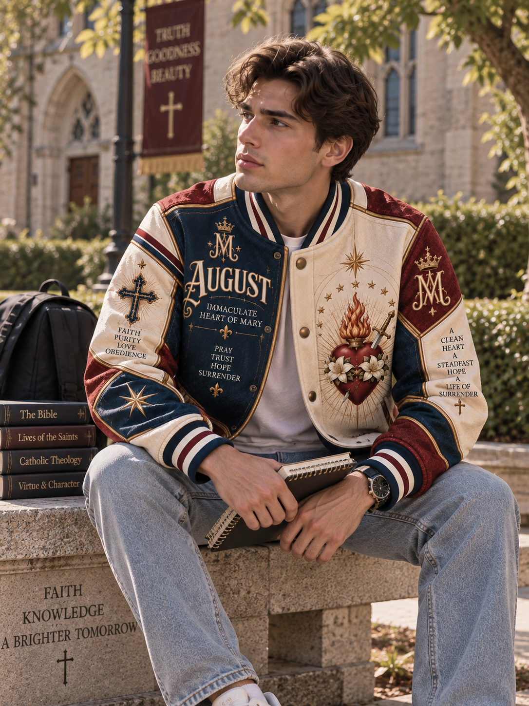 A custom varsity-style jacket with a cream, navy blue, and red color-blocked design, featuring religious and devotional graphics including the Immaculate Heart of Mary, crosses, and inspirational text.