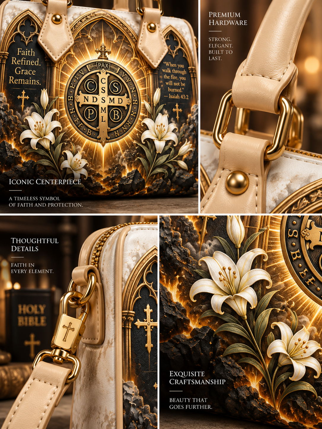 A luxury shoulder bag shown in a four-panel collage highlighting its ornate religious artwork, cream leather trim, gold hardware, and floral details. Text overlays describe the features, including 'Iconic Centerpiece', 'Premium Hardware', and 'Thoughtful Details'.