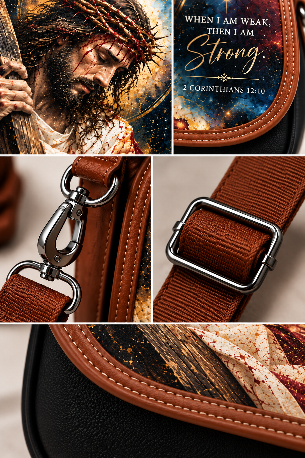 A collage showing a shoulder bag with a brown leather strap and silver hardware, alongside close-up views of a printed artwork featuring Jesus and a Bible verse, plus a detail of the bag's black body and embroidered brown trim.