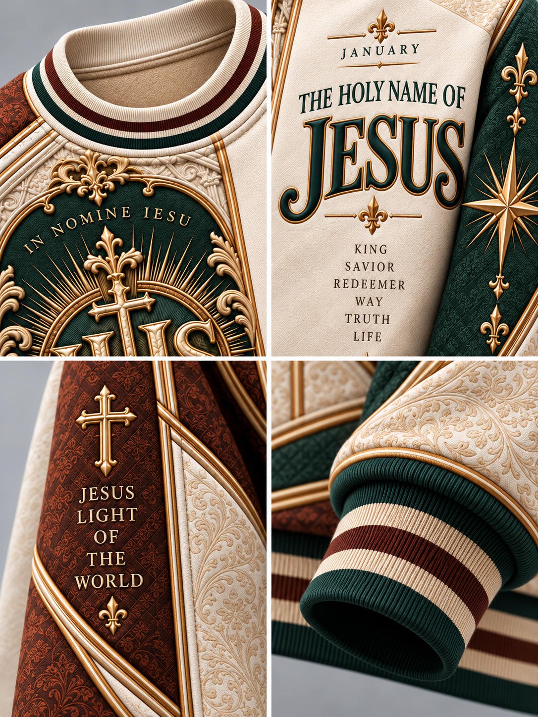A four-panel close-up collage of a decorative religious sweater or garment detail, showing cream, burgundy, and dark green sections with ornate gold embroidery, a cross motif, and printed text including 'IN NOMINE IESU' and 'JESUS LIGHT OF THE WORLD.'.