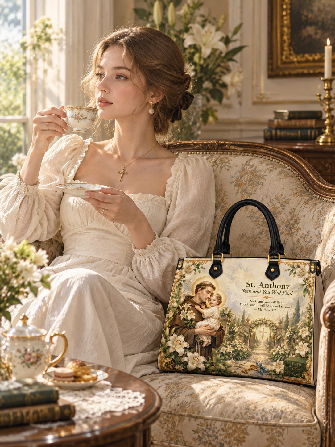 A woman in a cream dress sits on an ornate floral armchair holding a teacup and saucer beside a large decorative tote bag printed with a religious illustration and the text 'St. Anthony with our Lord and Savior.
