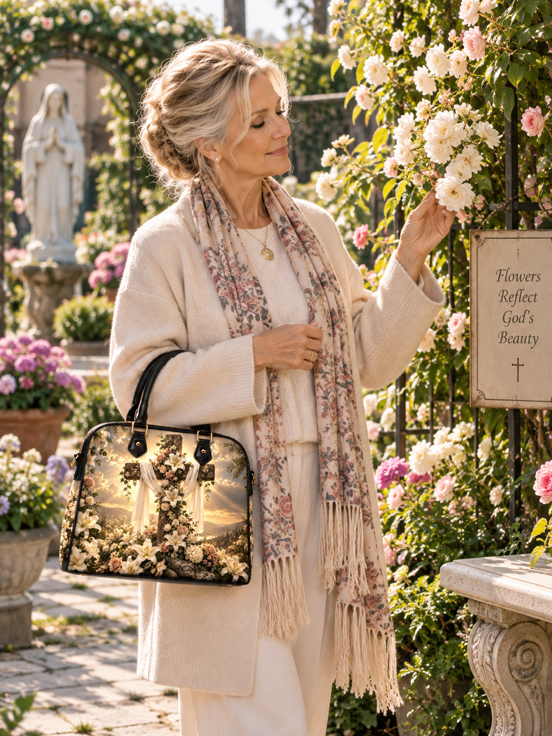 A structured handbag with black leather handles and trim, featuring a detailed print of a floral cross in a scenic landscape with mountains and golden clouds.