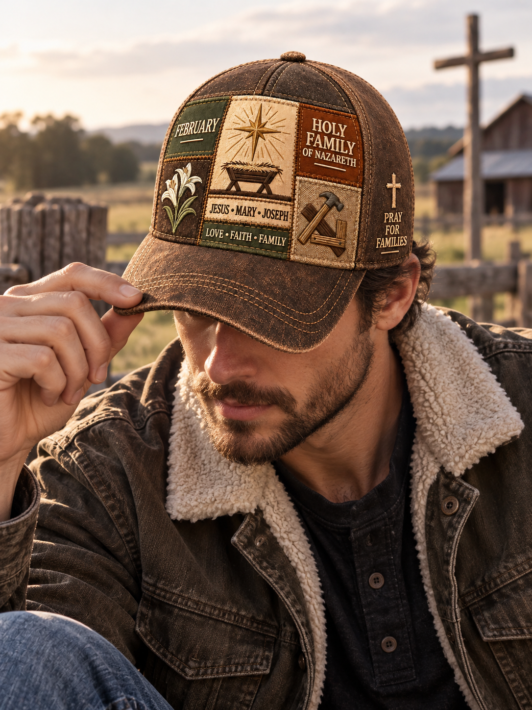 A man wearing a brown baseball cap with multiple colorful embroidered patches, sitting outdoors in a rustic setting. The cap features patches with religious and family-themed text and symbols, including 'Holy Family of Nazareth' and 'Jesus, Mary, Joseph'.