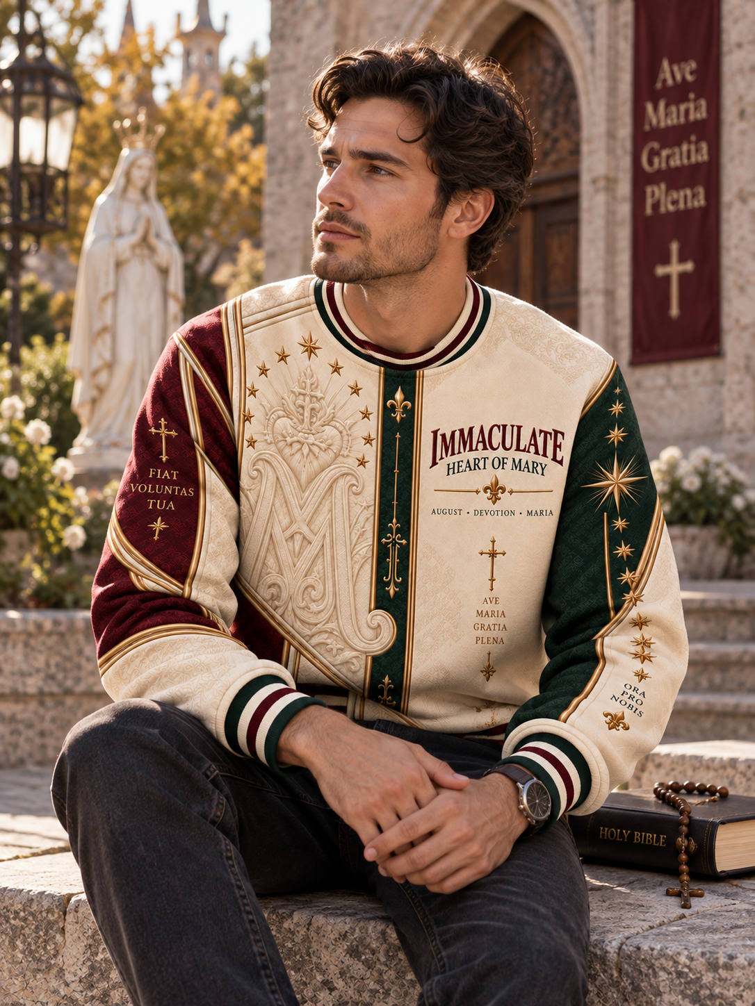 A man wearing a cream, burgundy, and green varsity-style sweater with gold religious embroidery and 'Immaculate Heart of Mary' text, sitting outdoors in front of a stone church setting.
