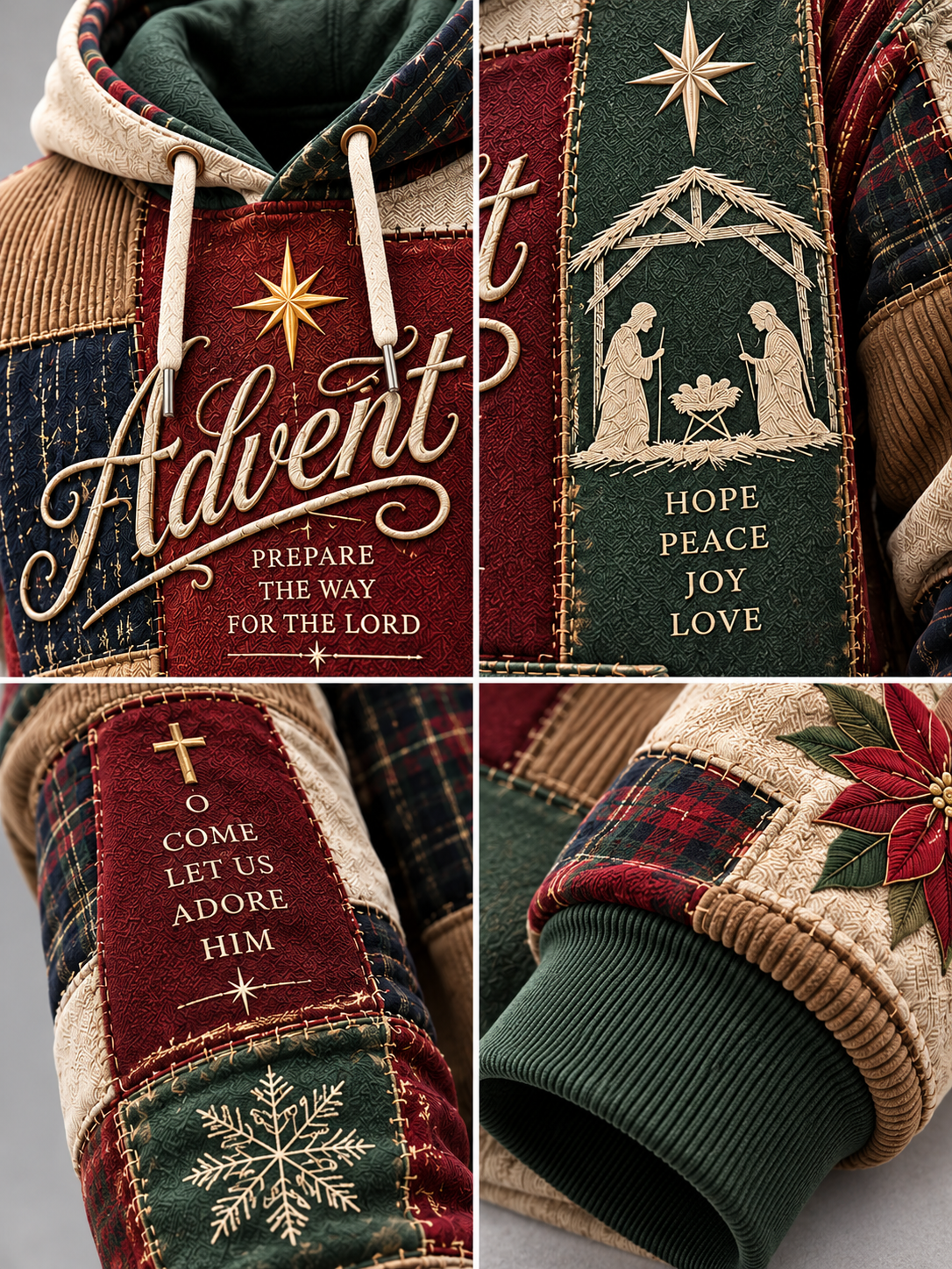 Close-up collage of a patchwork hoodie showing festive Advent-themed panels with embroidered text and motifs, including 'Advent', 'Hope Peace Joy Love', a snowflake, a cross, and a poinsettia, plus ribbed cuffs and hood.