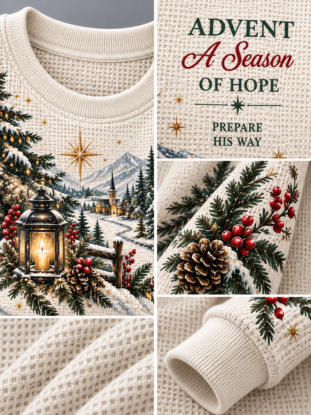 A collage showing a cream waffle-knit sweater with a Christmas village scene print, close-ups of the sleeve and cuff, and text reading “ADVENT A Season OF HOPE” and “PREPARE HIS WAY.”.