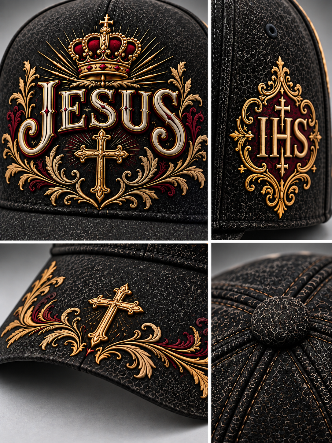 A black textured baseball cap shown in multiple close-up views, featuring ornate gold and red decorative graphics including a crown, the word 'JESUS,' a cross, and 'IHS' lettering.