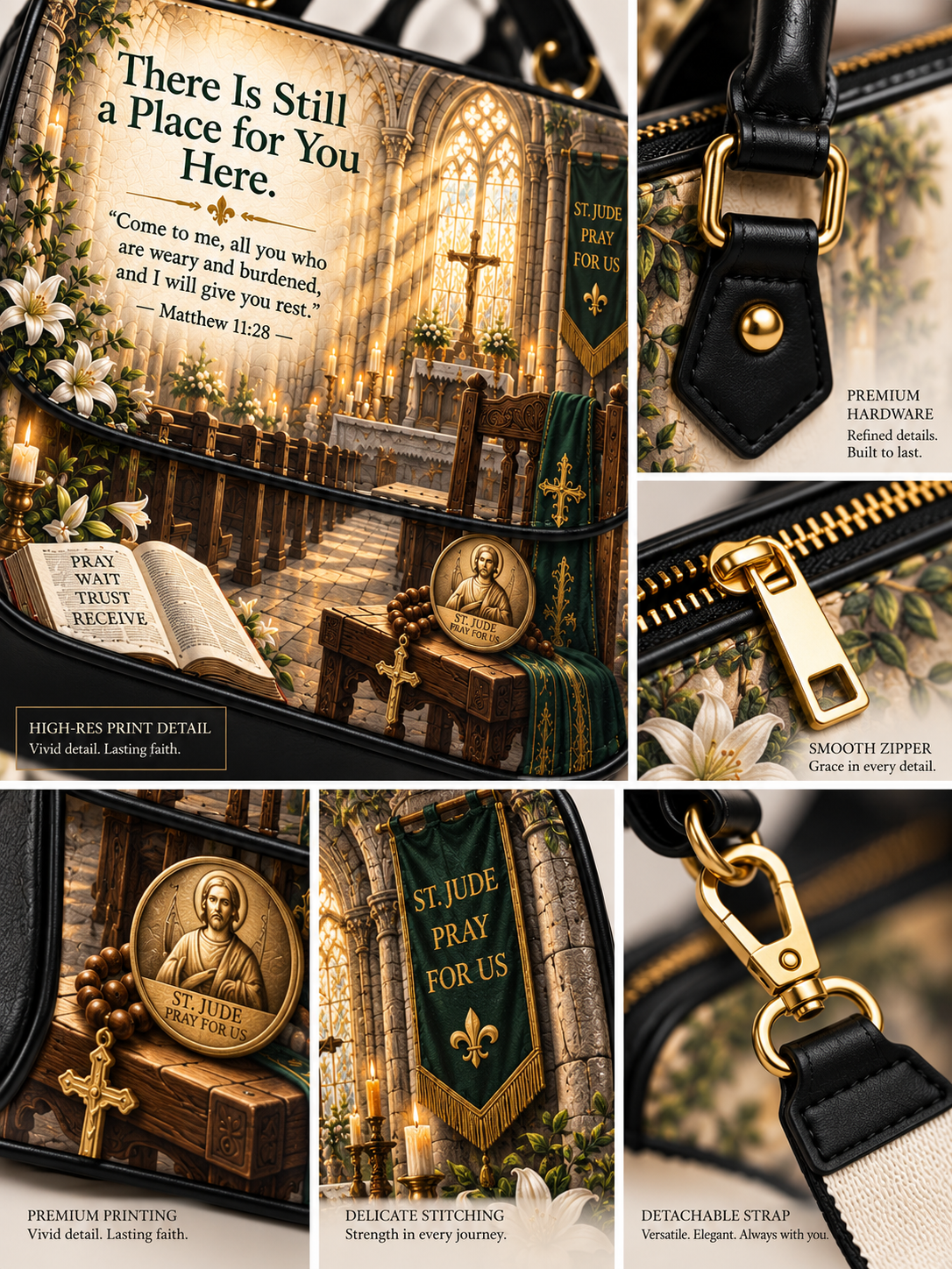 A collage showing a St. Jude religious tote bag in a church interior scene, with close-up detail shots of hardware, zipper, strap, and printed fabric.