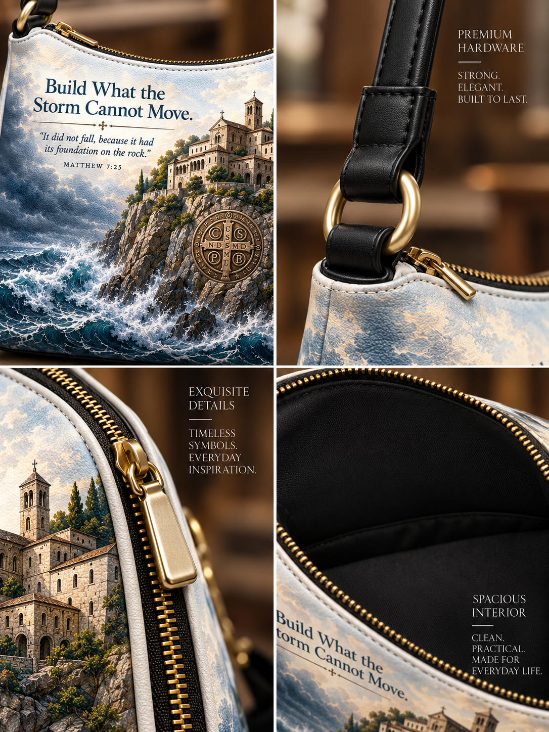A four-panel product collage showing a small zip pouch or clutch with a scenic coastal cliff and castle print, black leather trim, gold-tone hardware, and interior details. Text overlays highlight premium hardware, strong elegant build to last, exquisite details, and spacious interior.