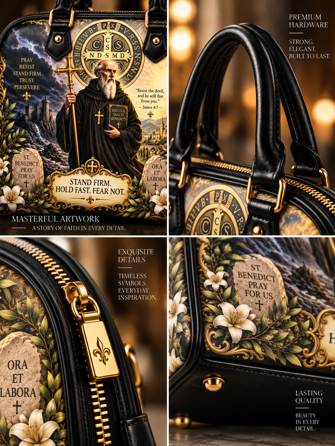 A luxury black leather handbag with ornate gold hardware and intricate religious artwork featuring Saint Benedict, tombstones, floral motifs, and Bible verses. The collage shows multiple close-up and full views of the bag against a warm, softly blurred background.