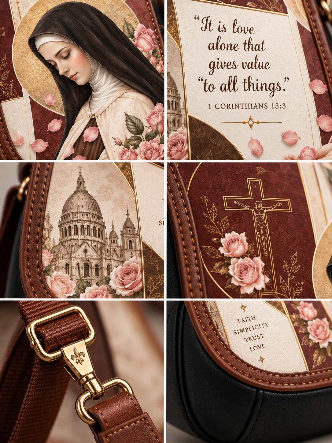 A six-panel collage showing close-up details of a religious-themed bag or clutch: a nun portrait, a Bible verse print, a cathedral illustration, a cross with roses, and a brown strap with gold hardware.
