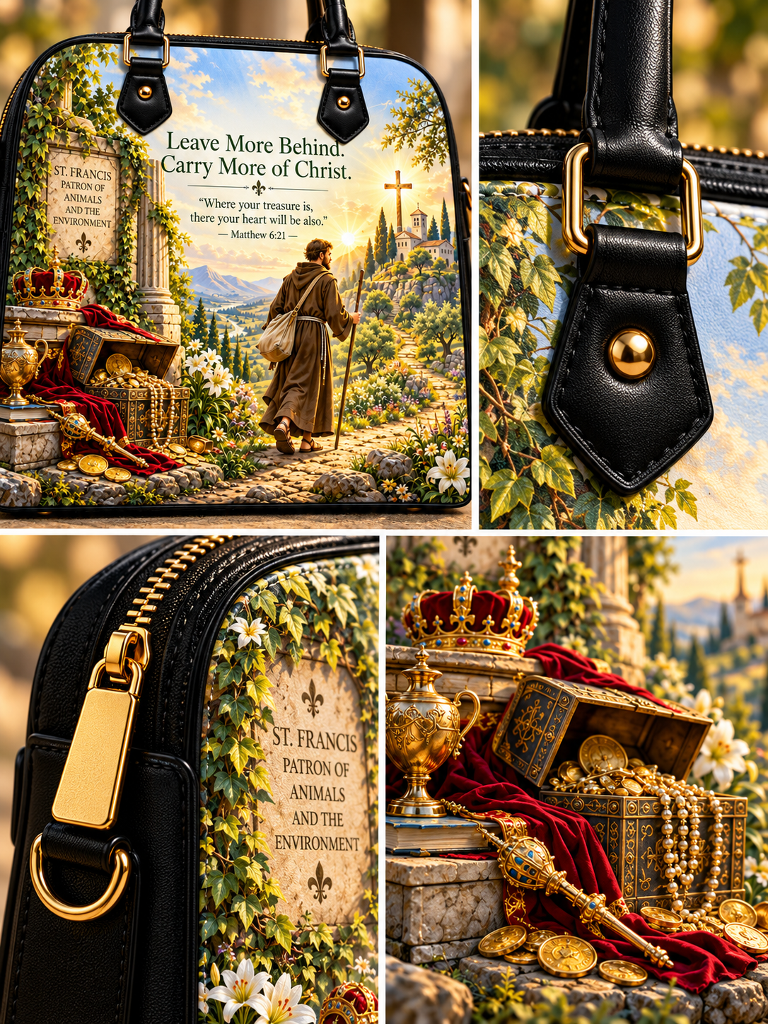 A structured handbag shown in a four-panel collage, featuring a detailed religious scenic print with a robed figure, cross, tombstones, gold coins, and the text 'Leave More Behind, Carry More of Christ.' Close-up views show black leather handles and trim with gold-tone hardware.