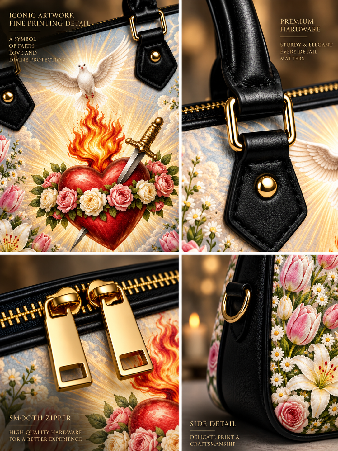 A four-panel close-up collage of a handbag showing its printed artwork, hardware, zipper, and floral side detail. The bag features a red flaming heart, white dove, roses, lilies, and a sword on a gold-toned background, with black leather trim and gold-tone hardware.