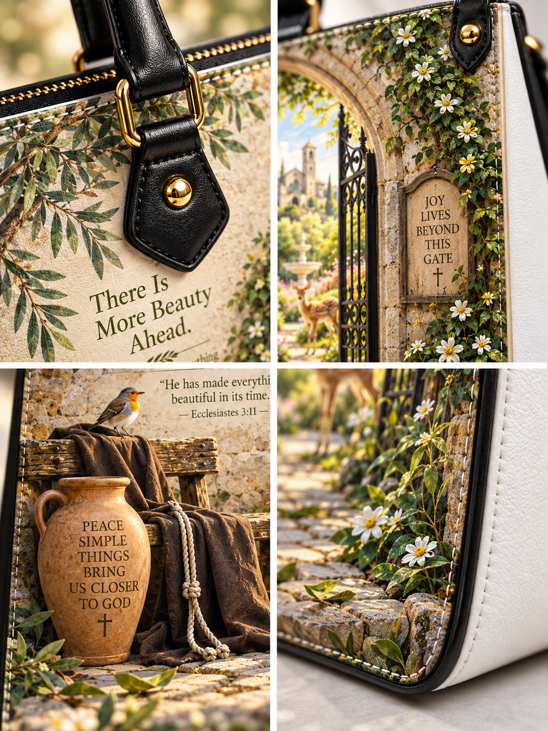 A collage of four close-up views showing a handbag with a detailed scenic print. The print features biblical quotes ('There Is More Beauty Ahead.