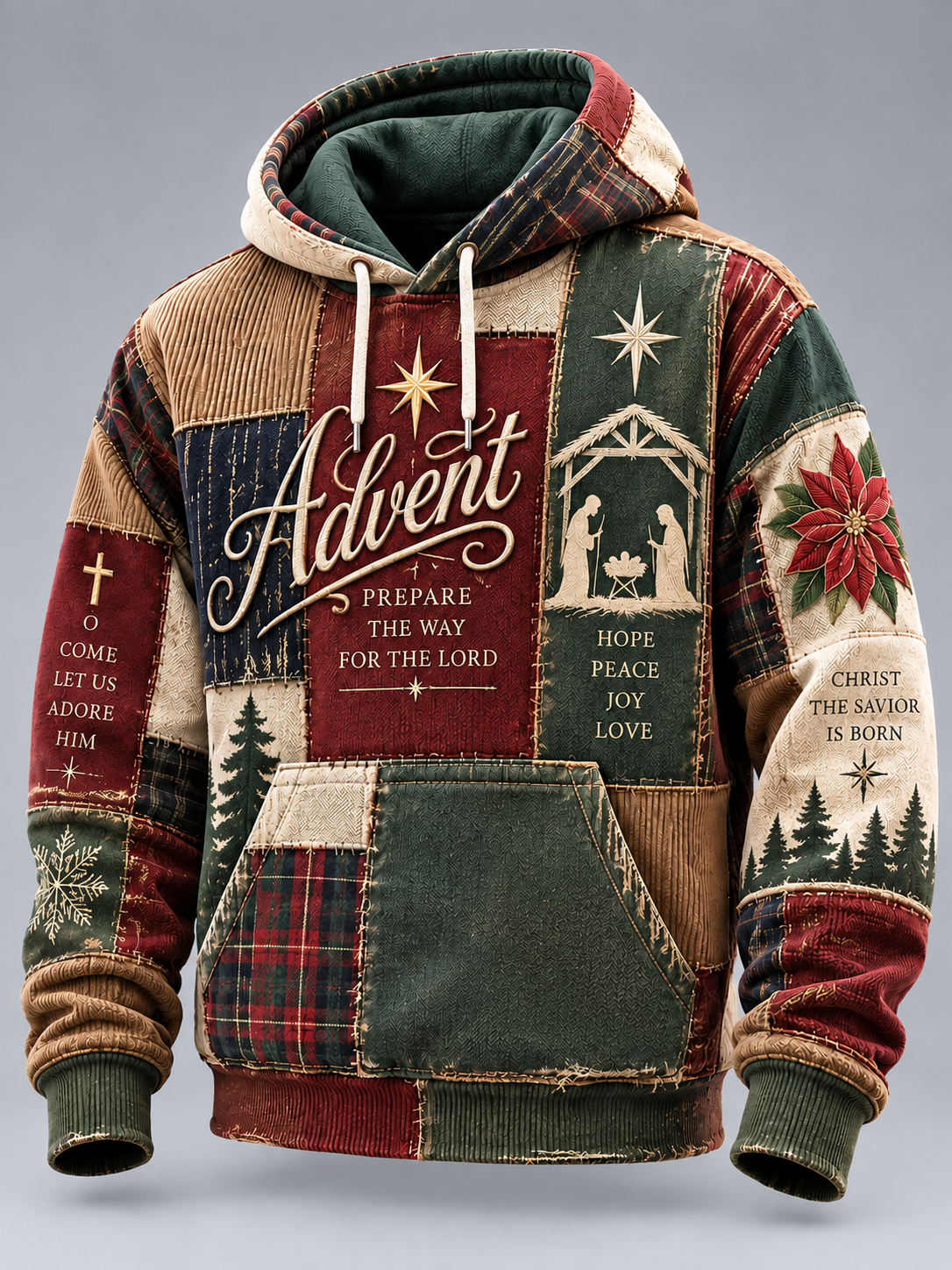 A Christmas-themed patchwork pullover hoodie with 'Advent' text, nativity scene, holiday quotes, plaid patterns, and red pine trees on a gray background.