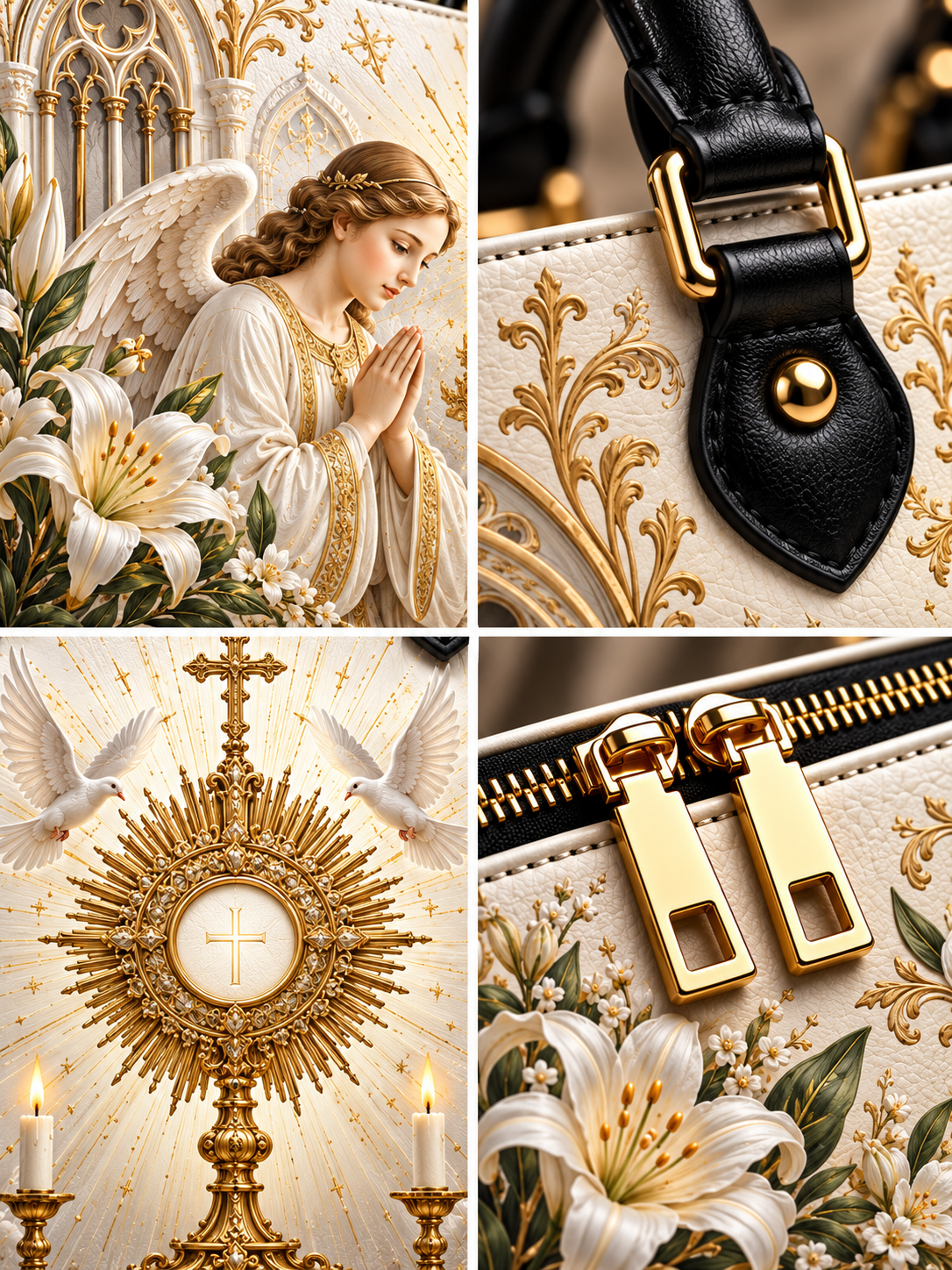 A luxury handbag shown in a four-panel collage. The bag has a cream base with ornate gold baroque-style scrollwork, white lily floral prints, and black leather strap details with gold hardware.