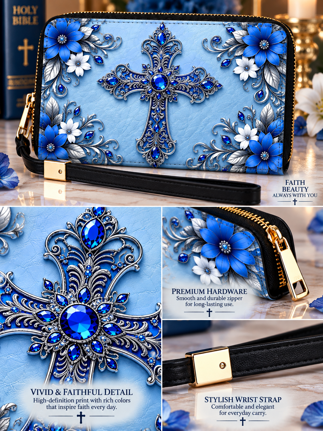 A blue and silver cross-patterned wristlet wallet with blue and white floral embellishments, shown in a collage with close-up detail shots. The collage includes text overlays highlighting features like 'VIVID & FAITHFUL DETAIL', 'PREMIUM HARDWARE', and 'STYLISH WRIST STRAP'.