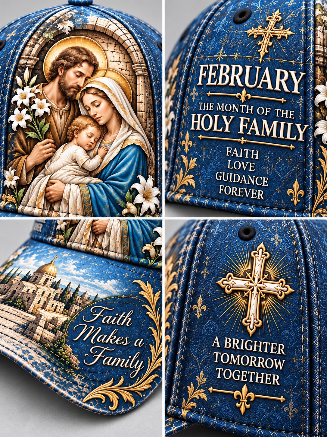 A collage showing multiple angles of a blue baseball cap with religious printed designs. The cap features a large image of the Holy Family on the front, gold cross and fleur-de-lis motifs, and text including 'FEBRUARY THE MONTH OF THE HOLY FAMILY' and 'Faith Makes a Family'.
