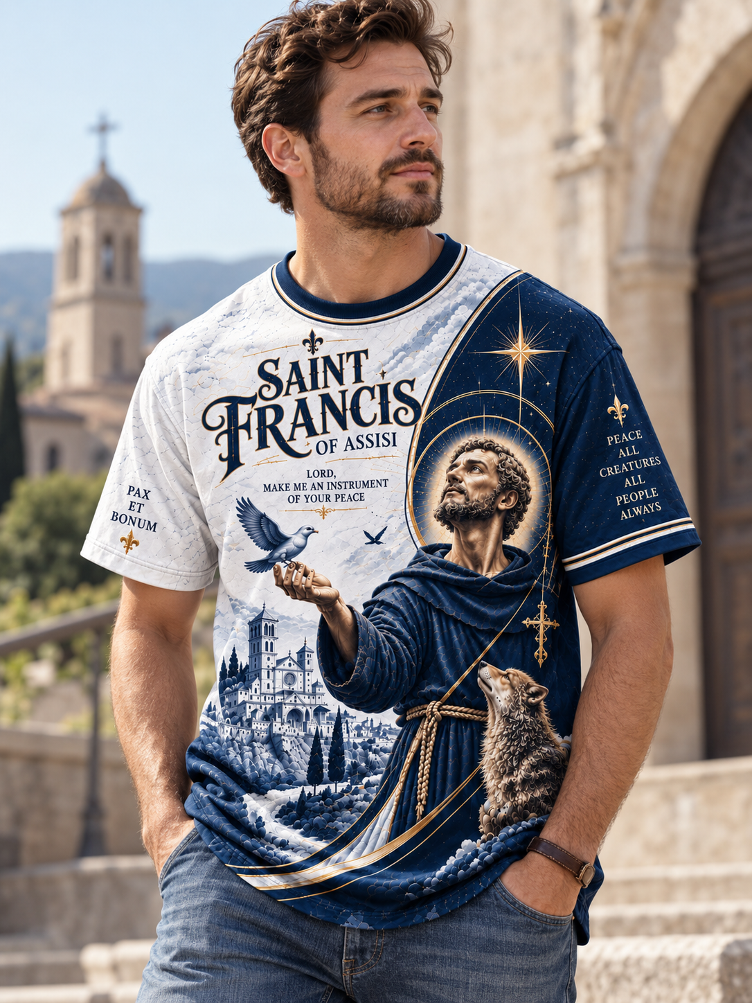 A short-sleeve graphic T-shirt shown on a ghost mannequin against a light gray background. The shirt features a detailed print of Saint Francis of Assisi, a wolf, a dove, the Basilica of Saint Francis, and religious text, with a color scheme of navy blue, white, and gold.