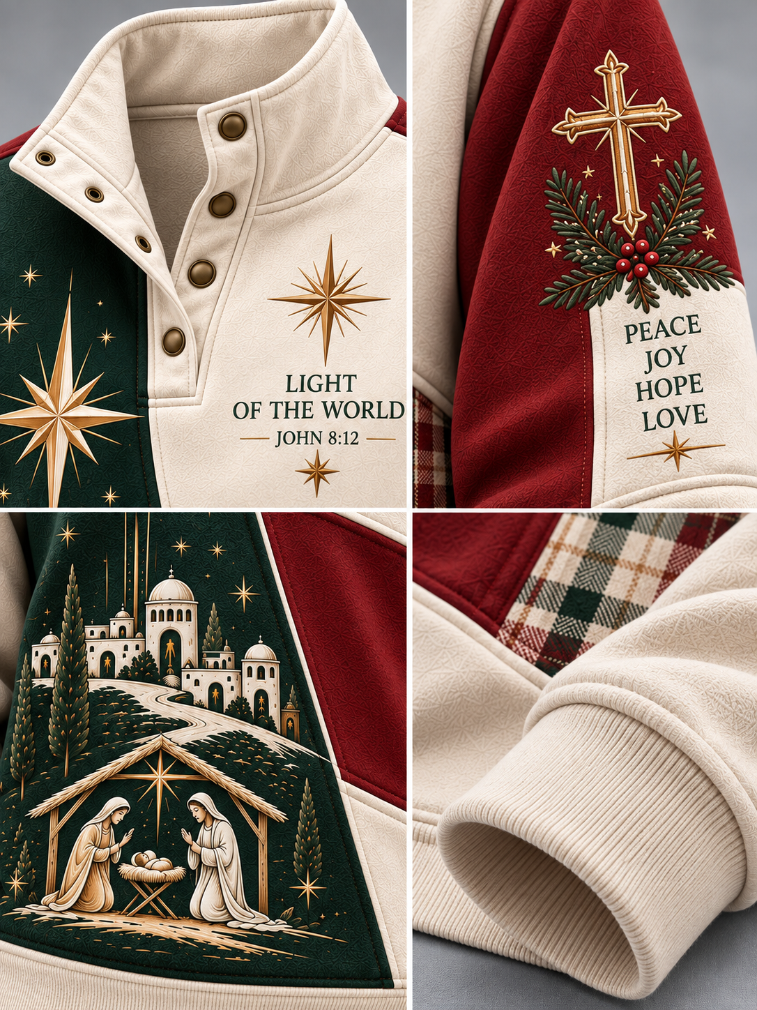 A close-up collage of a Christmas-themed pullover top showing multiple details: a cream mock neck with snap placket, a red sleeve with a gold cross and holiday wreath, a dark green front panel with gold star and Bible verse text, a nativity scene print on the lower front, and a plaid inner lining detail.