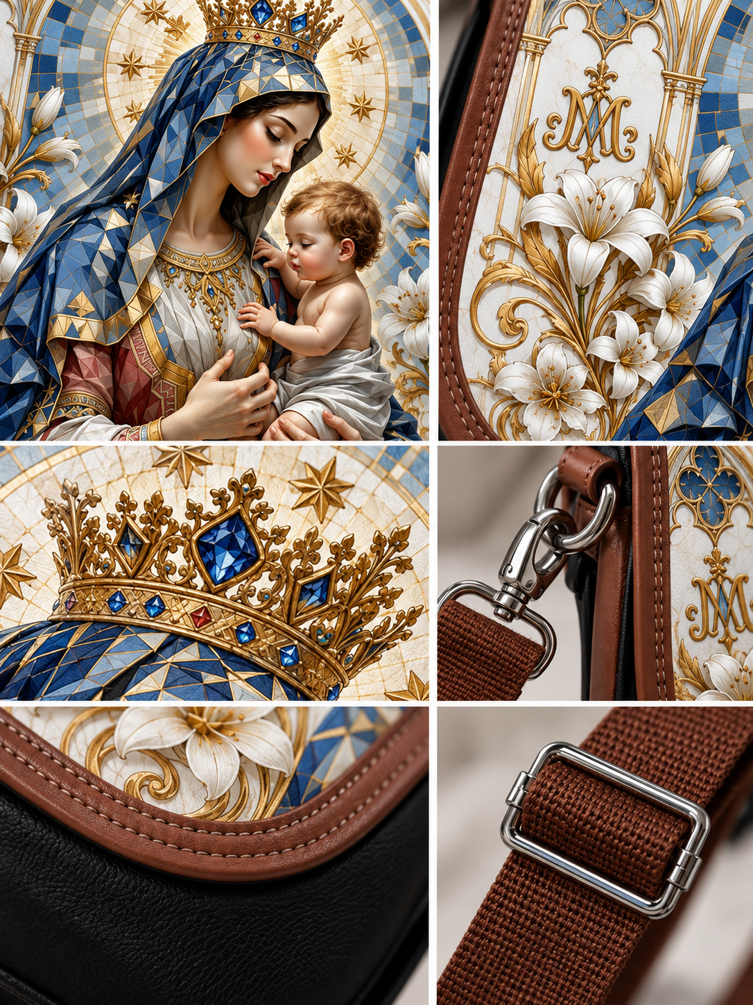 A six-panel collage showing a luxury shoulder bag with an ornate religious print of the Virgin Mary and child, featuring a blue and gold patterned fabric body, brown leather trim, a gold crown motif, white lilies, and a brown webbed strap with silver hardware.
