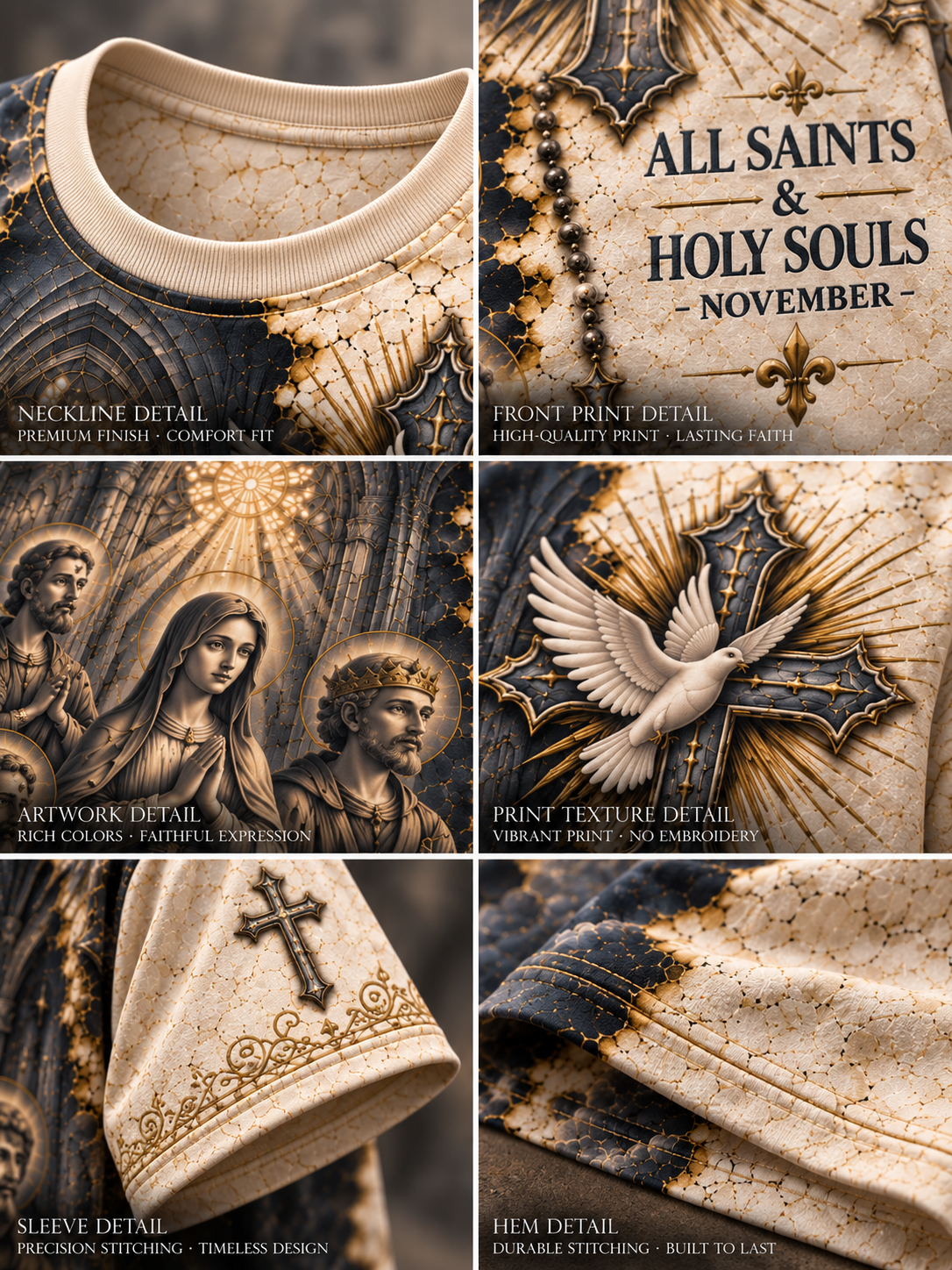A four-panel product detail collage showing a beige and black religious graphic t-shirt. The panels highlight the collar, front chest print with 'ALL SAINTS & HOLY SOULS NOVEMBER' text, artwork details of saints and a dove on a cross, and sleeve/hip stitching.