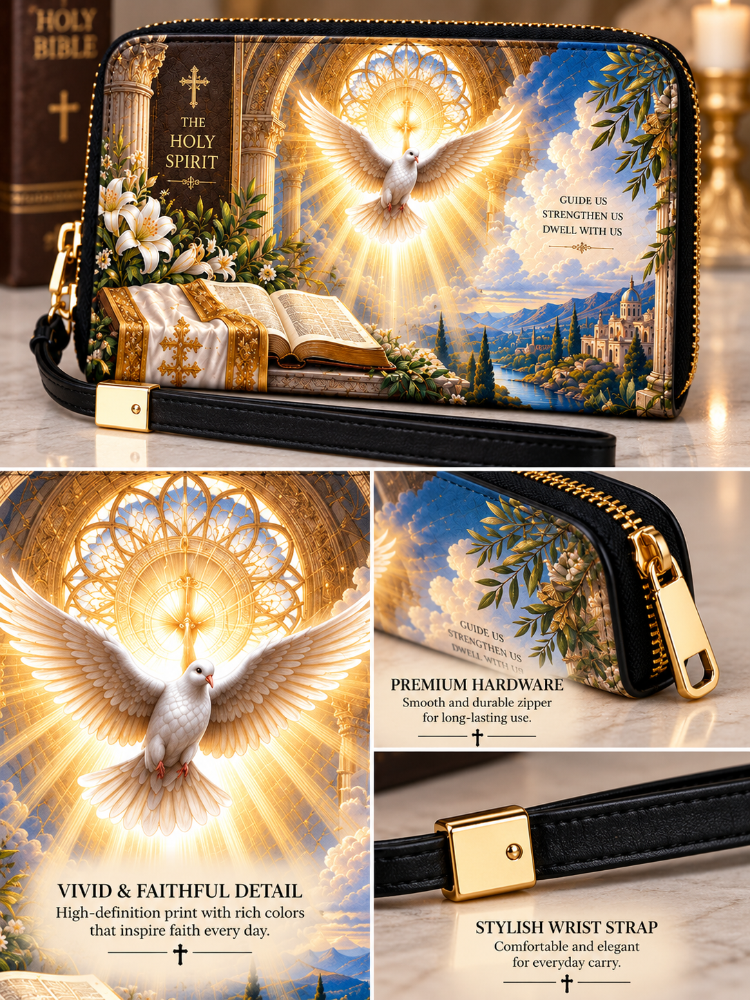 A black zip-around wristlet wallet with a gold-tone clasp and wrist strap, featuring a vivid religious print of a white dove, open Bible, candle, and scenic landscape. The collage includes close-up detail shots of the printed artwork, hardware, and strap.