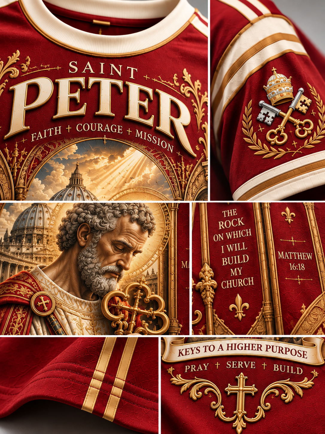 A collage of close-up views of a red and gold Saint Peter themed apparel design, showing printed graphics, text, and decorative details including 'SAINT PETER', religious imagery, keys, and ornate gold embellishments.
