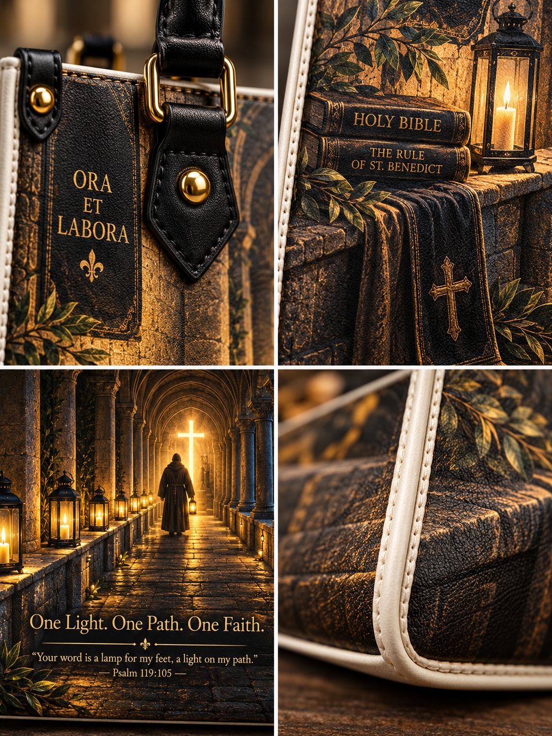 A four-panel collage showing a dark brown and black faux-leather Holy Bible cover or book cover design with gold lettering, faux leather straps, gold fleur-de-lis, a cross, candle lanterns, books, and a softly glowing aisle scene with a person walking toward a cross. Visible text includes 'ORA ET LABORA', 'HOLY BIBLE', 'THE RULE OF ST.