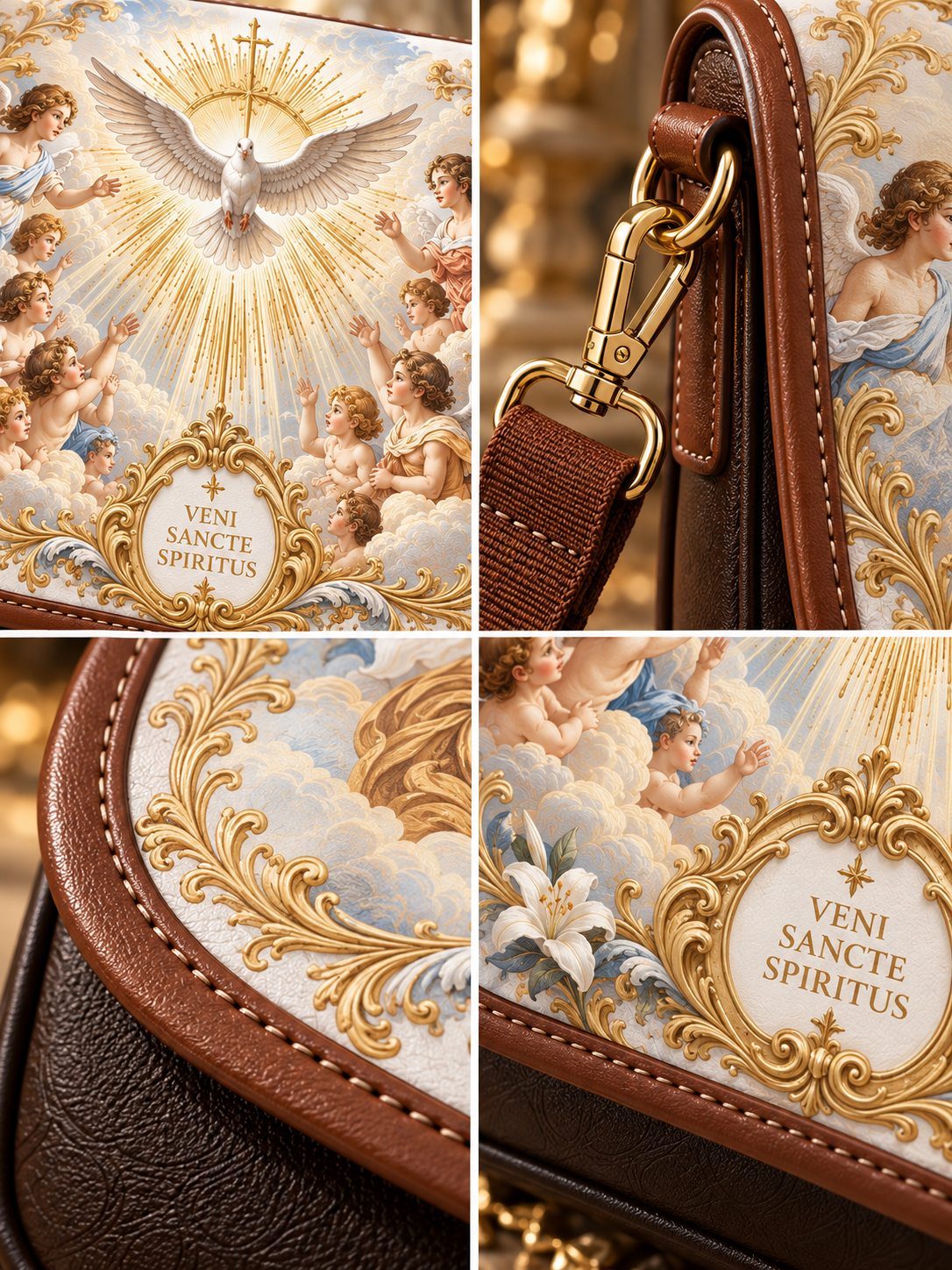A luxury handbag shown in a four-panel collage, featuring a detailed classical painting print of cherubs, clouds, and a dove with gold ornamental frames and the text 'VENI SANCTE SPIRITUS'. The bag has brown textured leather trim and a gold-tone clasp.