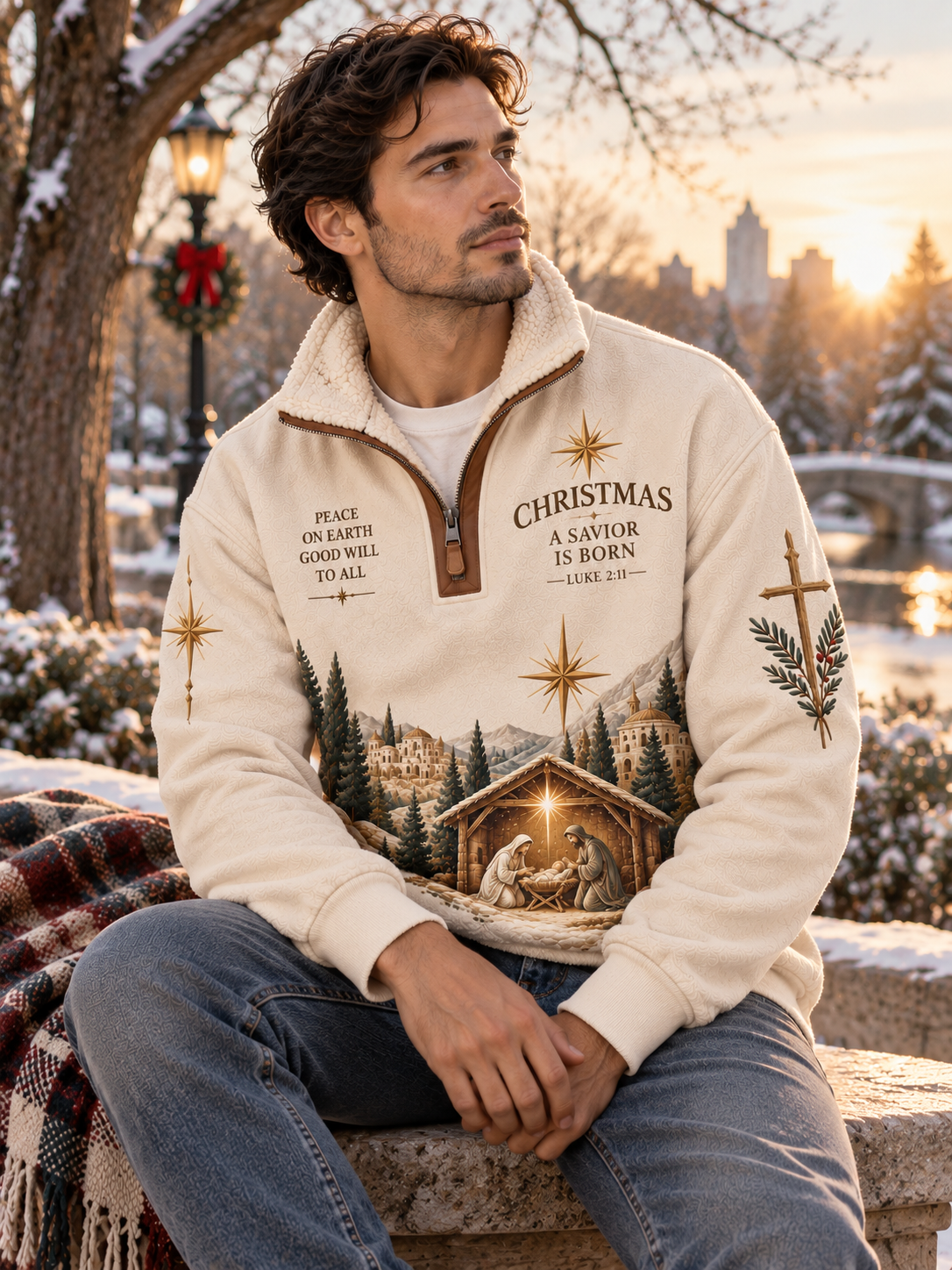 Cream-colored quarter-zip pullover sweatshirt with a sherpa lining, featuring a detailed Christmas nativity scene printed on the front, with scripture text on the chest and sleeves.
