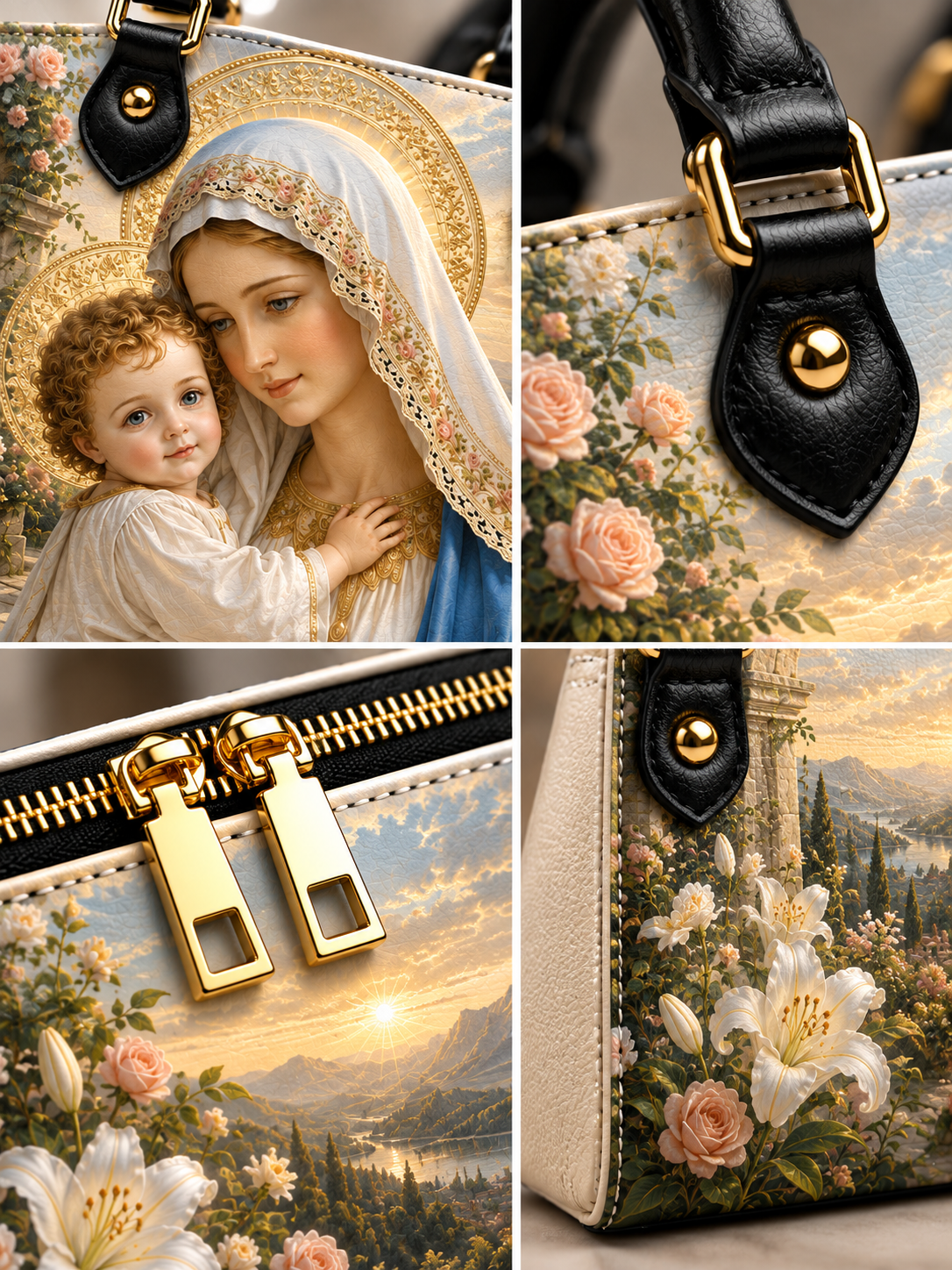 A four-panel collage showing close-up details of a handbag with a religious art print featuring the Virgin Mary and child, black leather strap hardware, and floral landscape panels with gold zipper pulls.