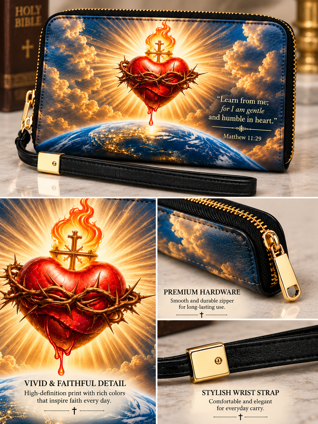 A zip-around wristlet wallet with a vivid religious print of a burning red heart on Earth, shown in a three-panel collage. The panels highlight the gold zipper, black wrist strap, and detailed print text including a Bible verse and 'Vivid & Faithful Detail'.