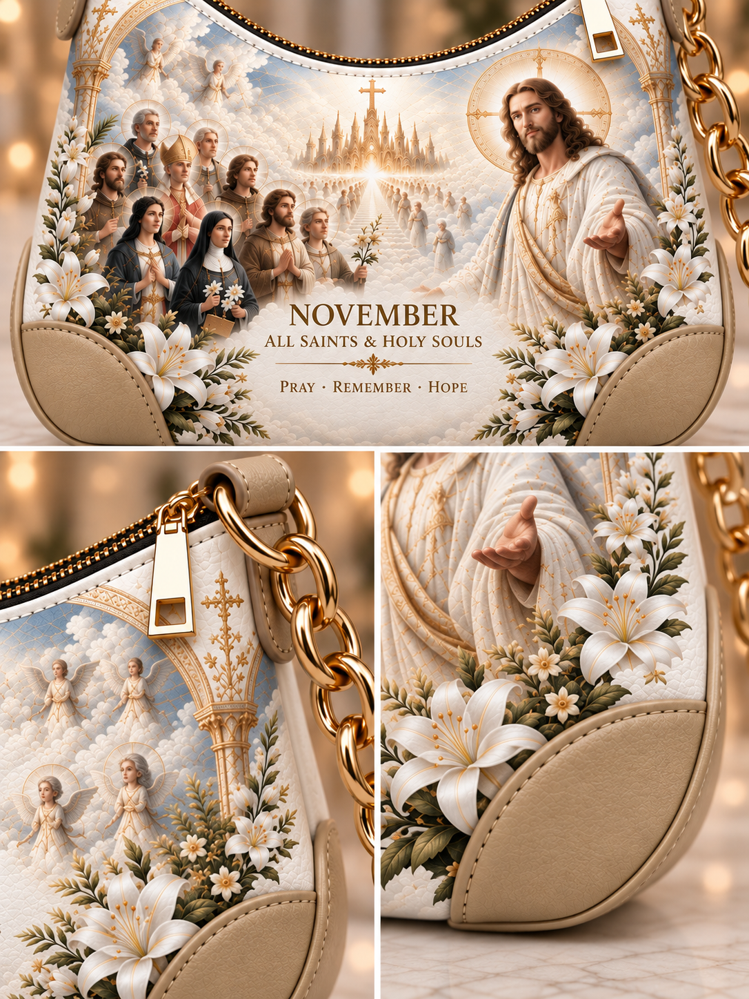 A beige and white shoulder bag with a gold chain strap, featuring a detailed religious print of Jesus Christ, saints, angels, and white lilies. The bag has gold hardware and is shown in a three-panel collage highlighting the main design, text reading 'NOVEMBER ALL SAINTS & HOLY SOULS', and close-up details of the print and materials.
