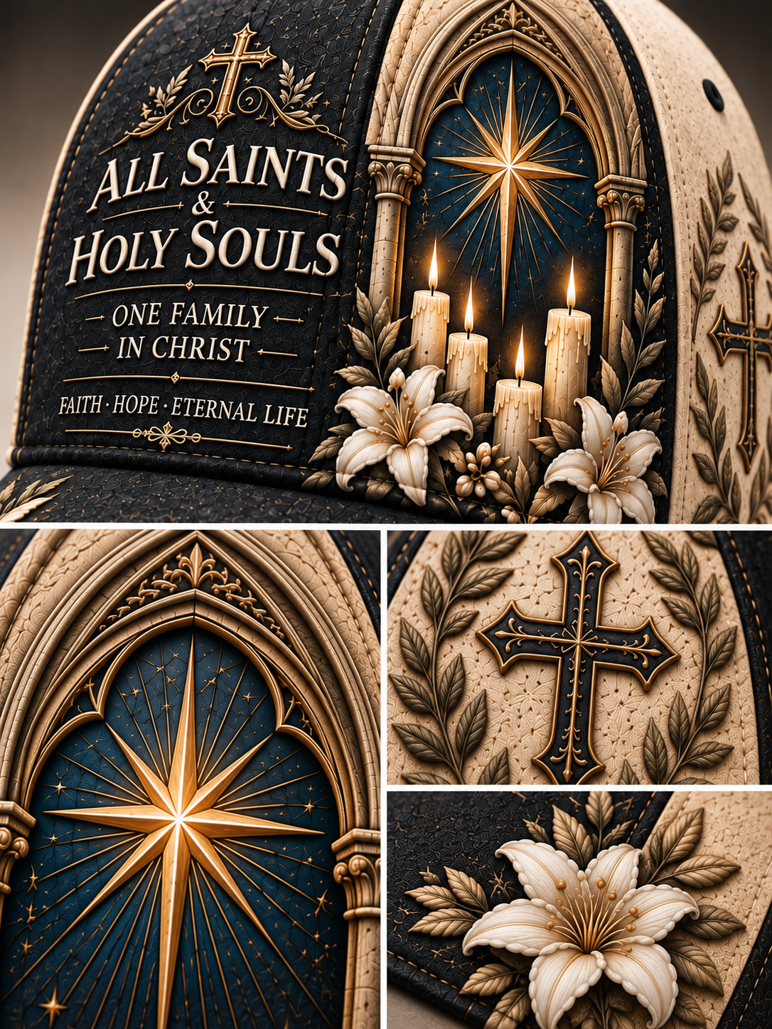 A close-up collage of a dark navy and beige embroidered cap featuring religious artwork: a large cross with the words “ALL SAINTS & HOLY SOULS” and “ONE FAMILY IN CHRIST,” a glowing star motif, candles, lilies, and ornate architectural details.