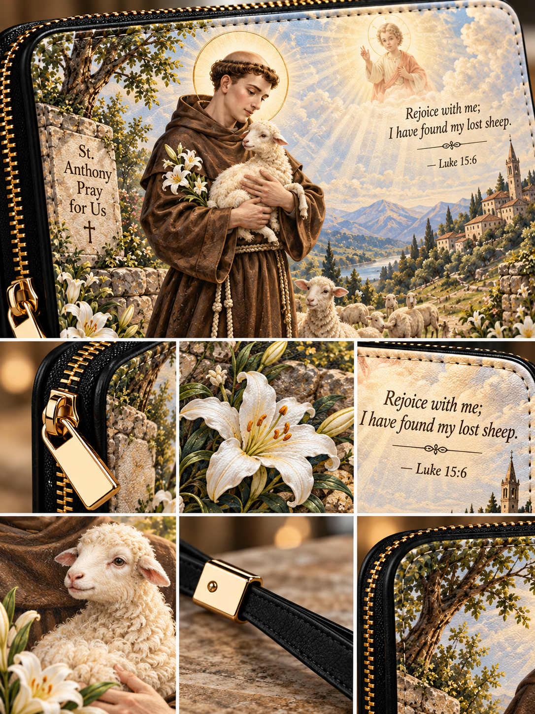 A collage showing a black zip-around clutch or wallet with a large printed religious artwork panel. The artwork depicts Saint Anthony holding a sheep in a pastoral landscape, with a stone sign reading 'St.