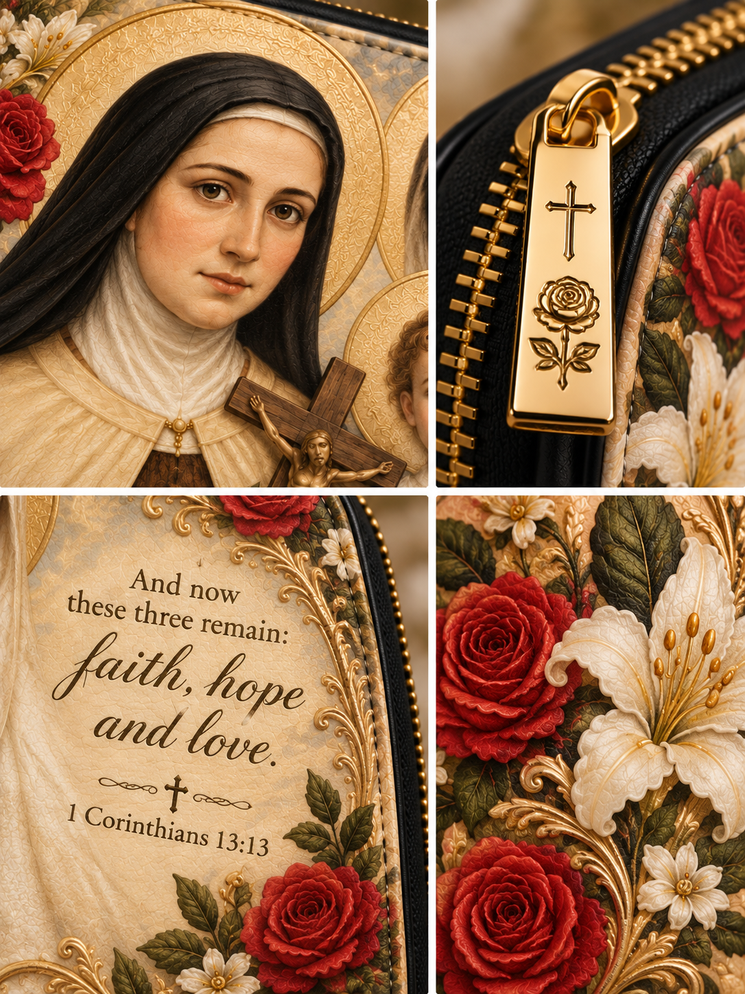 A four-panel close-up collage of a decorative religious bag or pouch featuring a portrait of a saint, floral embroidery with red roses and white lilies, gold ornamental border details, a zipper with a gold cross and rose charm, and printed text reading 'And now these three remain: faith, hope and love. 1 Corinthians 13:13'.