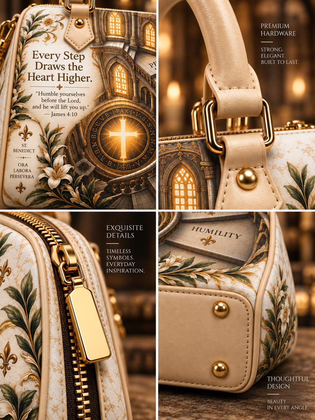 A luxury handbag shown in a four-panel collage with close-up details. The bag has a cream base with botanical green leaf patterns, gold-tone hardware, and printed artwork of a cathedral interior with a glowing cross.