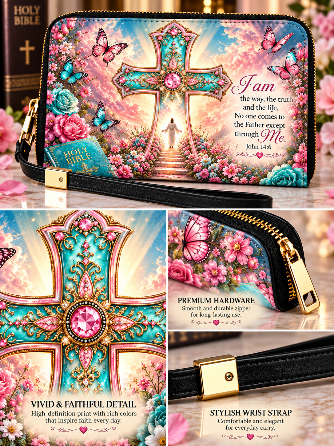 A decorative zip-around wallet with a black wrist strap, shown in a collage of four panels. The wallet features a highly detailed, colorful print of a cross, butterflies, flowers, and religious text.