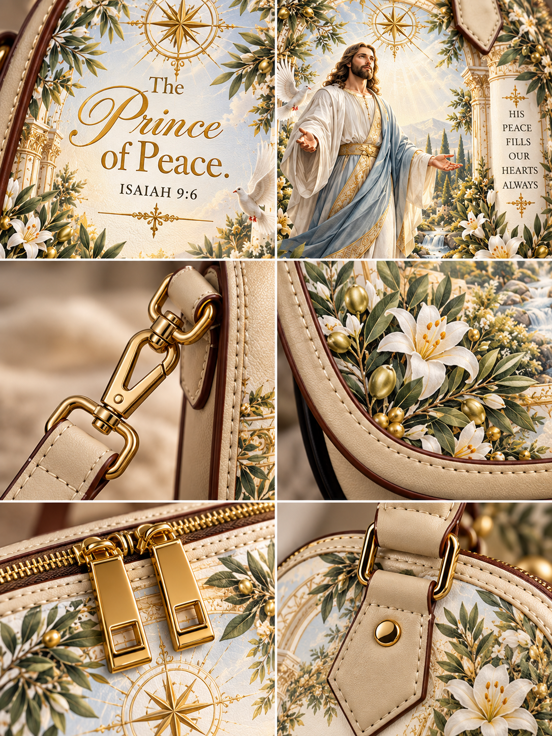 A collage of six close-up and detail shots of a handbag featuring a religious art print with 'The Prince of Peace. ISAIAH 9:6' and an illustration of Jesus Christ, alongside white lilies, gold stars, and gold-tone hardware.