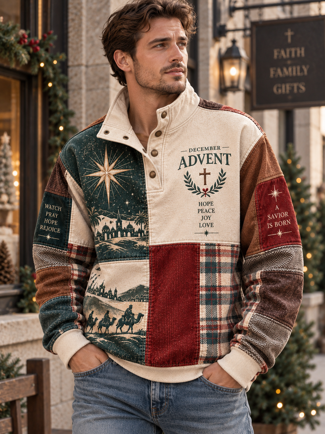 A long-sleeve mock-neck pullover sweater with a patchwork design featuring Christmas Advent themes. The design includes a cream base with brown, dark green, and red plaid and graphic panels, including a star, camels, and the text 'ADVENT' and 'DECEMBER'.