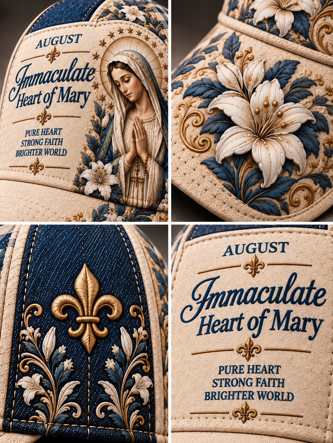 A four-panel close-up collage of a decorative baseball cap showing embroidered and printed details: a religious portrait of the Immaculate Heart of Mary, large white lily and floral motifs, blue and gold ornamental scrollwork, and a cream patch with the text 'August' and 'Immaculate Heart of Mary' plus 'Pure Heart Strong Faith Brighter World.'.