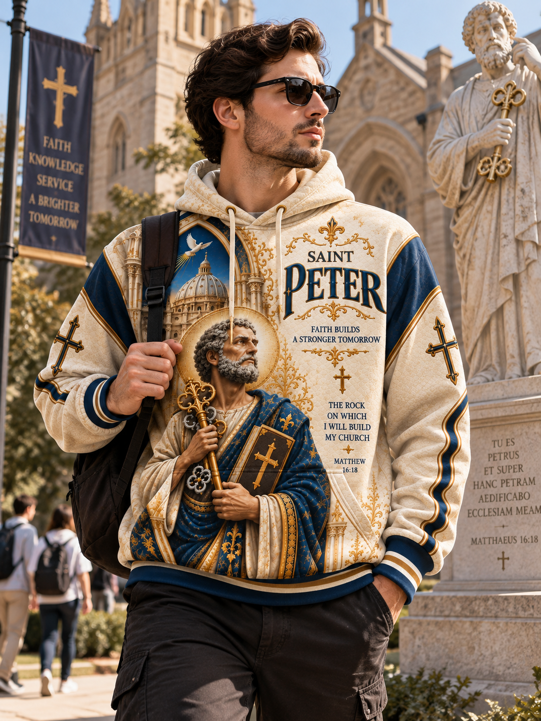 A man wearing a Saint Peter themed hoodie with religious artwork and text, standing outdoors in front of a cathedral and statue.