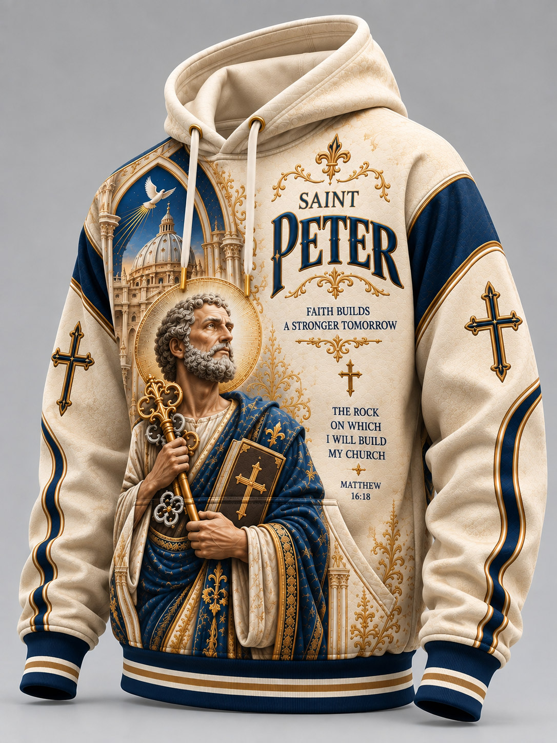 A cream-colored pullover hoodie featuring a detailed graphic print of Saint Peter with religious imagery, gold ornamental details, and navy blue and gold striped sleeve and hem accents, shown on a neutral gray background.