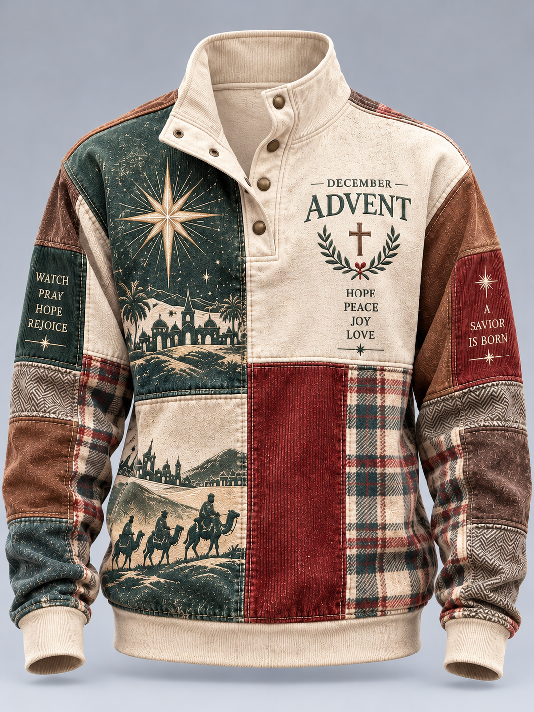 A long-sleeve mock-neck pullover sweater with a patchwork design featuring Christmas Advent themes. The design includes a cream base with brown, dark green, and red plaid and graphic panels, including a star, camels, and the text 'ADVENT' and 'DECEMBER'.