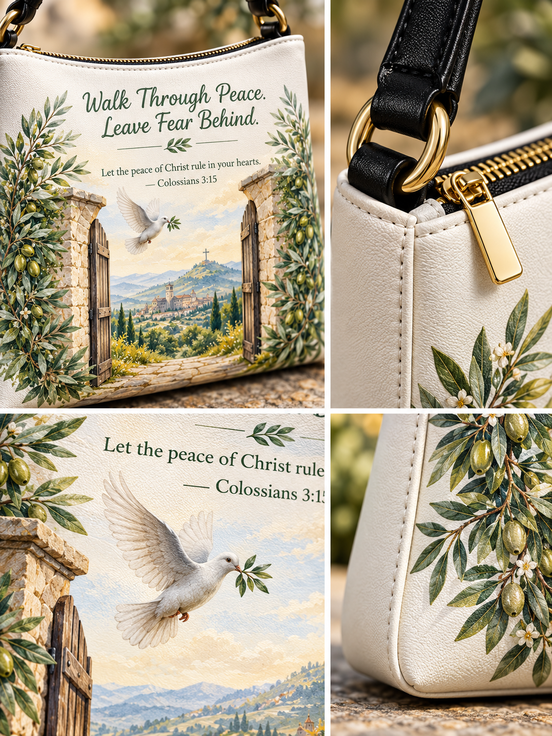 A collage showing a cream-colored handbag with a detailed religious illustration of an olive garden scene, a dove, and Bible verse Colossians 3:15. The top-left panel shows the front of the bag with a black leather strap and gold zipper.