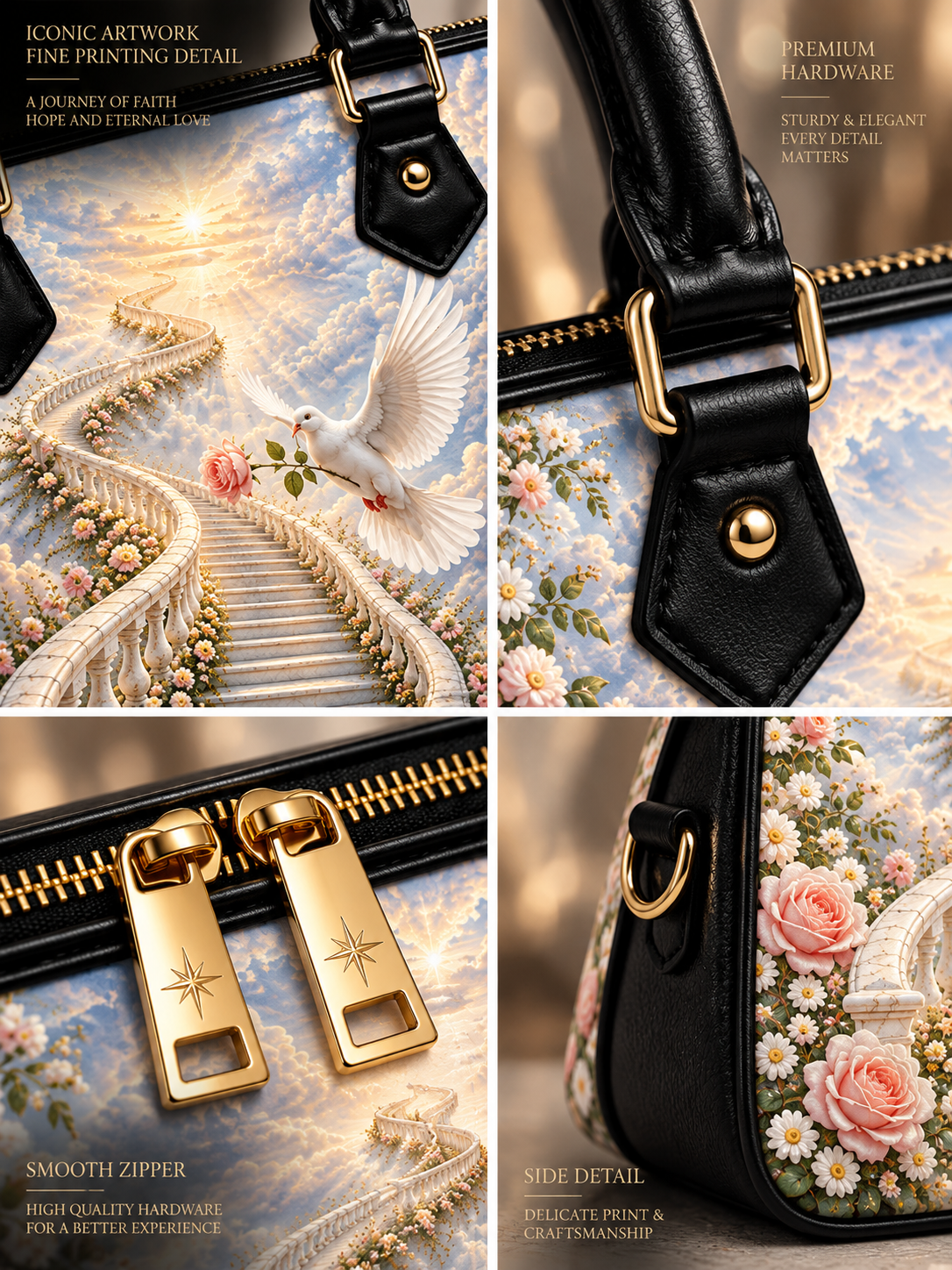 A four-panel collage showing a black leather handbag with ornate gold hardware and a detailed fantasy floral print. The print features a white dove flying up a glowing staircase with pink roses and daisies.